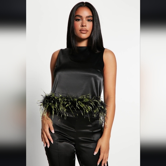 NWT Fashion Nova Black Satin Tank Feathery Top+Matching Pants - Picture 2 of 4